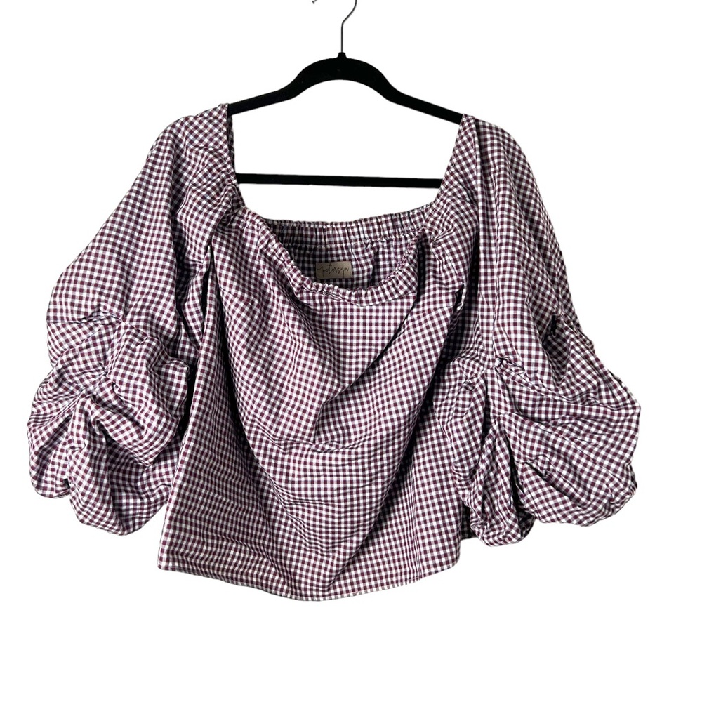 Petersyn Women's Red and Blue Plaid Print Off-The-Shoulder Blouse EUC SZS